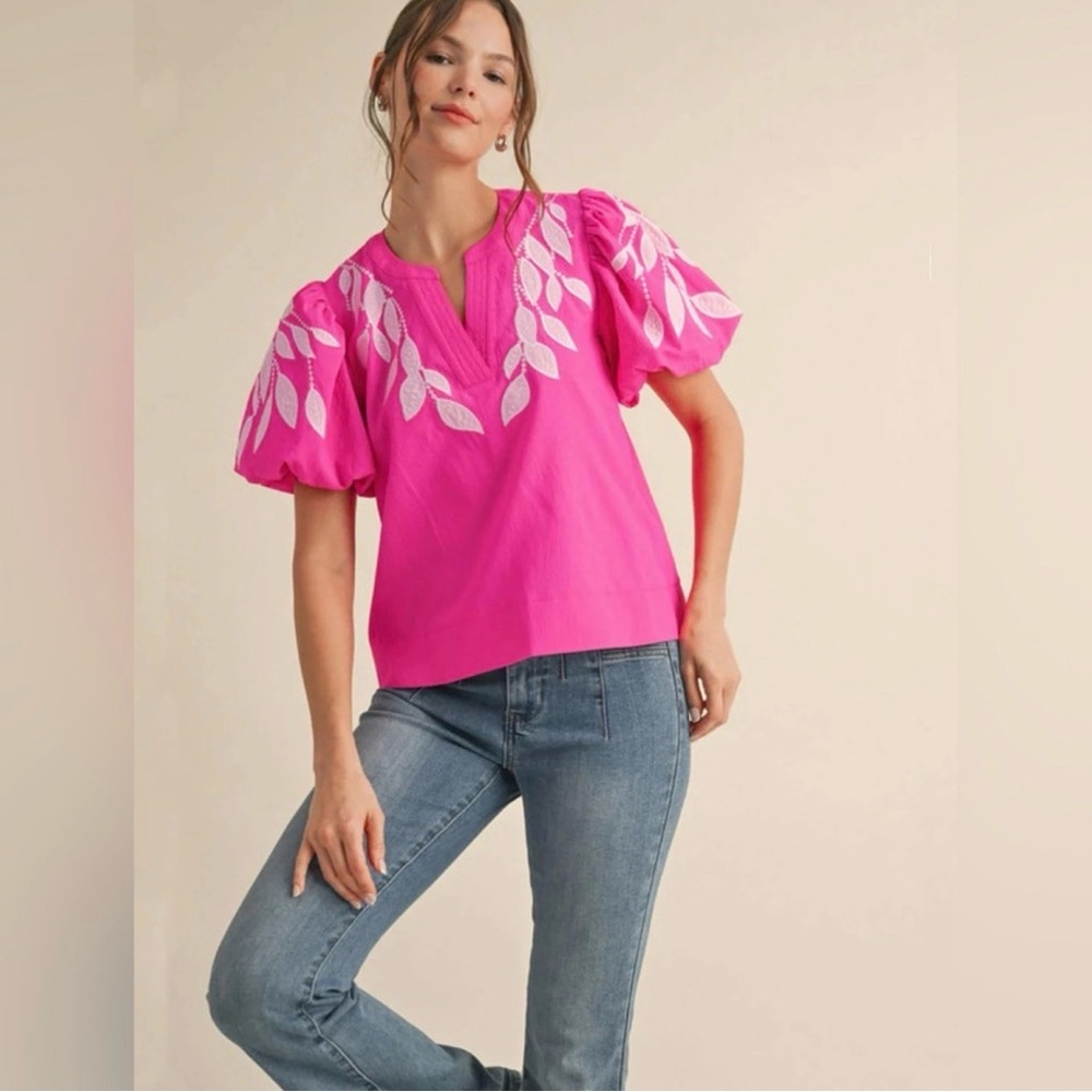 JODIFL Fuchsia Embroidered Puff Sleeve Blouse
